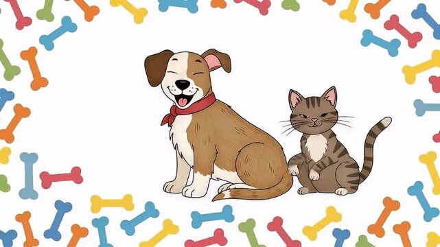 Cartoon Dog and Cat Sitting Together Surrounded by Colorful Bones