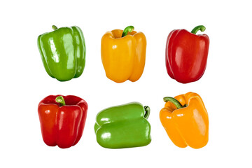 Set of colorful red, gren and yellow bell peppers isolated on transparent background. Fresh vegetable with green stem, perfect for healthy food, cooking, and vegetarian design concepts.