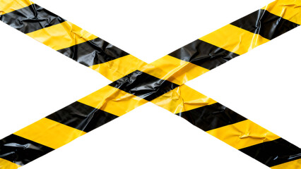 Crisscrossed Black and Yellow Striped Warning Tape on transparent background.