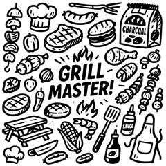 BBQ & Grill Doodle Icons – Steak, Skewers & Sauce Vector