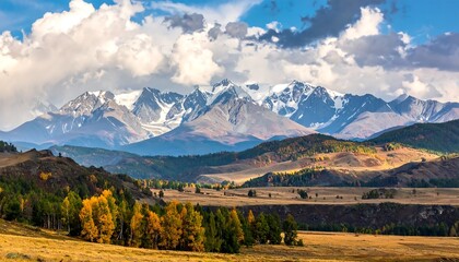Majestic mountain range dominates the scene, featuring snow-capped peaks under a cloudy sky and autumn foliage. A landscape of vibrant colors