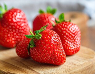 Ripe Red Strawberries on a Wooden Cutting Board in Natural Light with Green Stems and Blurred Background Detail Closeup