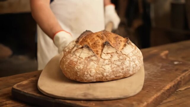 A baker holding freshly baked sourdough bread on a wooden spatula