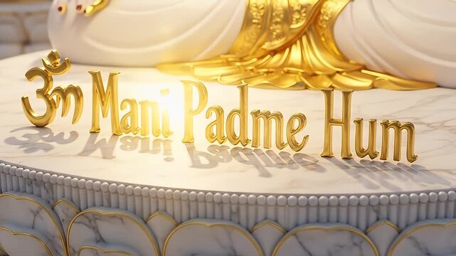 Golden Om Mani Padme Hum Mantra on Marble Pedestal 3D Render