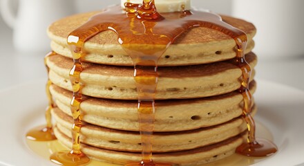 Stack of Fluffy Pancakes Drizzled with Golden Maple Syrup.