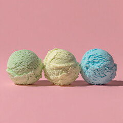 Fototapeta premium Three Colorful Ice Cream Scoops on Pink Background