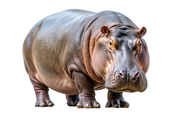 Obraz premium A large powerful hippopotamus stands facing forward with a neutral expression isolated on transparent background