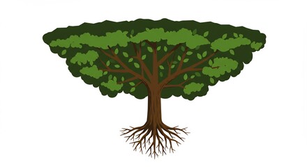 Stylized illustration of a large green tree with visible roots.
