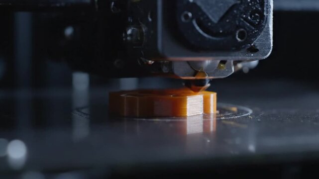 Close-up of a 3D printer creating an orange object on a dark surface