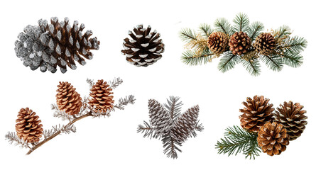 pine cone and fir tree branch isolated on transparent background