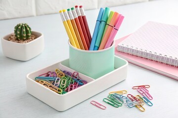 Neatly Arranged Pens and Paperclips in an Office Holder