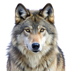 Fototapeta premium Close up portrait of a majestic grey wolf with piercing yellow eyes looking directly forward isolated on transparent background