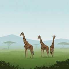 Three Giraffes Standing in African Savannah Landscape.