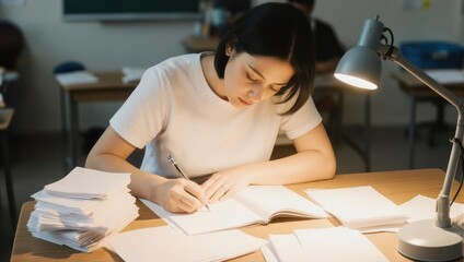 Focused student writing in notebook under a desk lamp at night.