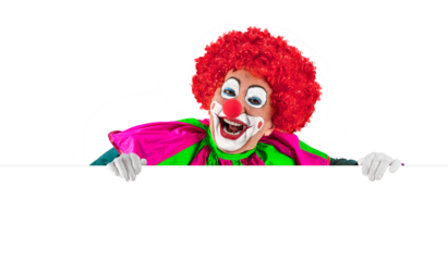 Funny clown holding sign blank template mock up for advertising, posters, greetings, invitations. Entertainer as Joker in a suit and wig, with clown whiteface makeup.
