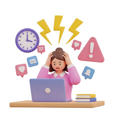 Stressed woman at laptop with clock and social media icons, isolated on transparent background