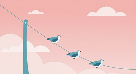 Three Seagulls Perched on a Wire Against a Pink Sky.
