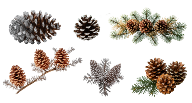 pine cone and fir tree branch isolated on transparent background