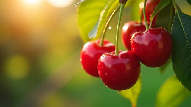 Ripe red cherries glistening with dew on branch, bathed in warm golden sunlight, signaling freshness and natural bounty for summer enjoyment.