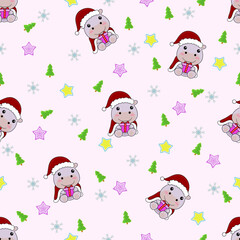 Christmas seamless pattern. Cute hippo wearing a Christmas hat holding a gift, Snowflake,Star and Christmas tree on light pink background. Perfect for fabric, wall and gift wrapping