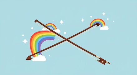 Two crossed violin bows with rainbows and stars.