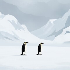 Two Emperor Penguins in a Snowy Antarctic Landscape.