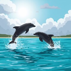 Two Dolphins Jumping Out Of The Water.