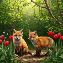 Two Foxes in a Lush Forest Surrounded by Tulips.