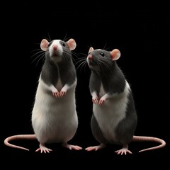 Two Rats Standing Upright Against Black Background.