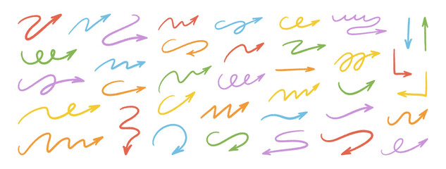 Arrow crayon hand drawn set. Colored waved lines on white background. Chalk, charcoal, pencil, pastel doodle direction pointers. Grunge textured strokes, underlines. Freehand curved arrows. Vector