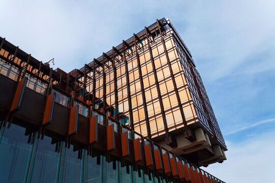 Former La Royale Belge headquarters by Rene Stapels and Pierre Dufau architects architectural detail, hotel Mix Brussels on May 21, 2025 in Brussels, Belgium.