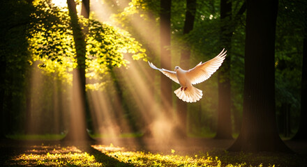 White Dove Flying Through Golden Sunbeams in Forest, Symbol of Peace and Freedom Bird, Wildlife Photography Bird in Flight, Beautiful Dove Soaring in Sunlight, Isolated White Pigeon Flying in Nature