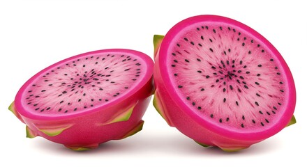 Vibrant Pink Dragon Fruit Halved on White Background.