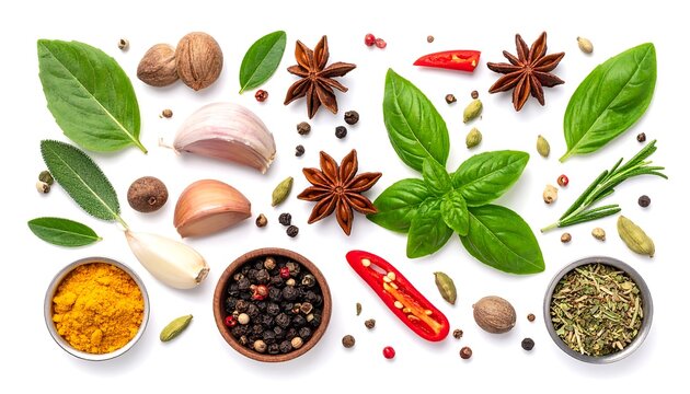 Overhead shot of culinary ingredients isolated on white. Fresh leaves, dried spices, and seasonings arranged artistically - Powered by Adobe