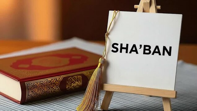 Sha'ban text on an easel beside the Holy Quran, symbolizing the sacred Islamic month's arrival.