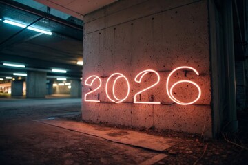 Neon 2026 sign glowing on a concrete wall in moody lighting