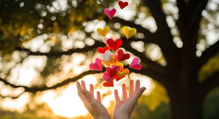 Spread love with colorful paper hearts floating above hands in a sunlit park setting