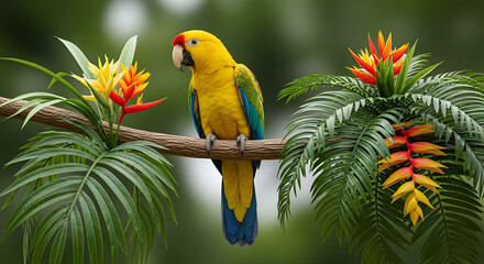 Vibrant Blue and Yellow Macaw Perched on Branch, Tropical Parrot Bird in Rainforest, Colorful Wildlife Macaw Portrait, Exotic Bird with Red Flower Illustration, Isolated Bright Macaw on Tree Limb