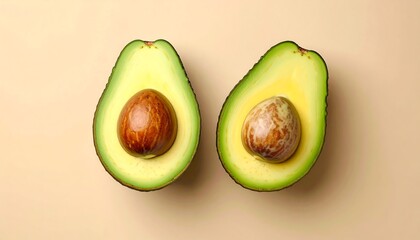 Overhead shot featuring two avocado halves, each with a central pit, presented against a creamy, light-beige backdrop, showcasing healthy eating