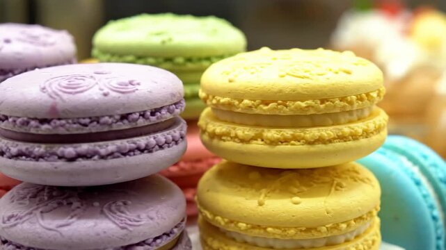 A close up of colorful macarons stacked in a dessert shop
