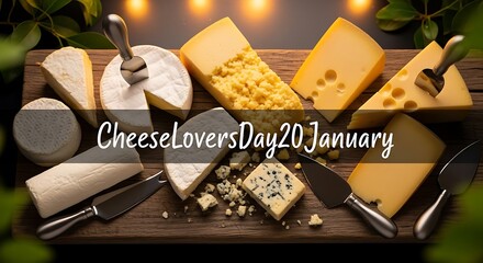 Celebrate cheese lovers day on january 20 with a variety of delicious cheeses and cheese knives on a wooden board with candle lights