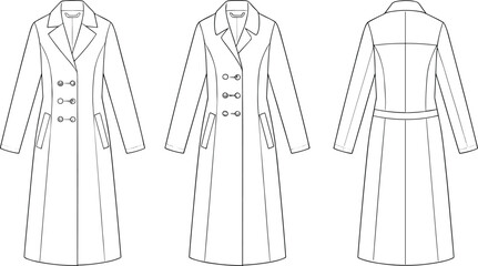 Long double-breasted coat, fashion technical sketch, front and back view, tailored outerwear design, notched lapel, structured silhouette, garment illustration