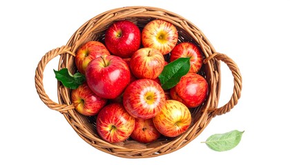 Overhead shot of a round woven basket filled with ripe, red and yellow striped apples, some with green leaves. A single leaf sits beside it