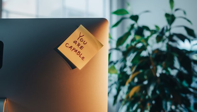 Close-up of a "You are capable" sticky note on a modern monitor in a minimalist office with a plant.