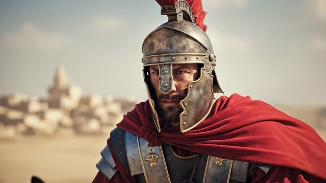 Brave roman legionary man on a horse in military armor, with a red cloak and helmet, ready for battle, historical footage