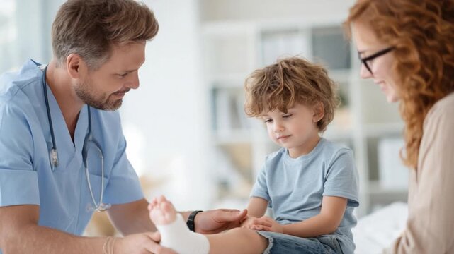 Medical Examination: A doctor carefully examines a young child's injured foot, while the child's mother offers reassurance, creating a moment of caring attention. 