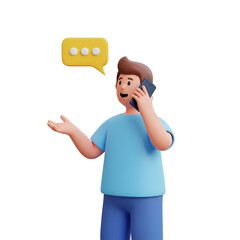 3d illustration of a man talking on a mobile phone with a chat bubble above his head, isolated on transparent background