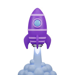 Purple rocket launching with smoke and fire, isolated on transparent background