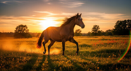 Majestic Brown Horse Running at Sunset in Field, Golden Hour Wildlife Photography of Galloping Horse, Horse Running Free in a Scenic Rural Landscape, Beautiful Equine Animal in Sunset Light, Fast Runn