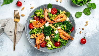 Overhead shot of a beautifully arranged seafood salad in a gray bowl. Ingredients include shrimp, vegetables, nuts, and cheese. A fork rests near a napkin